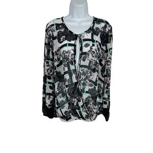 Democracy Women's Floral Sheer Faux Wrap Long Sleeve Blouse Size M